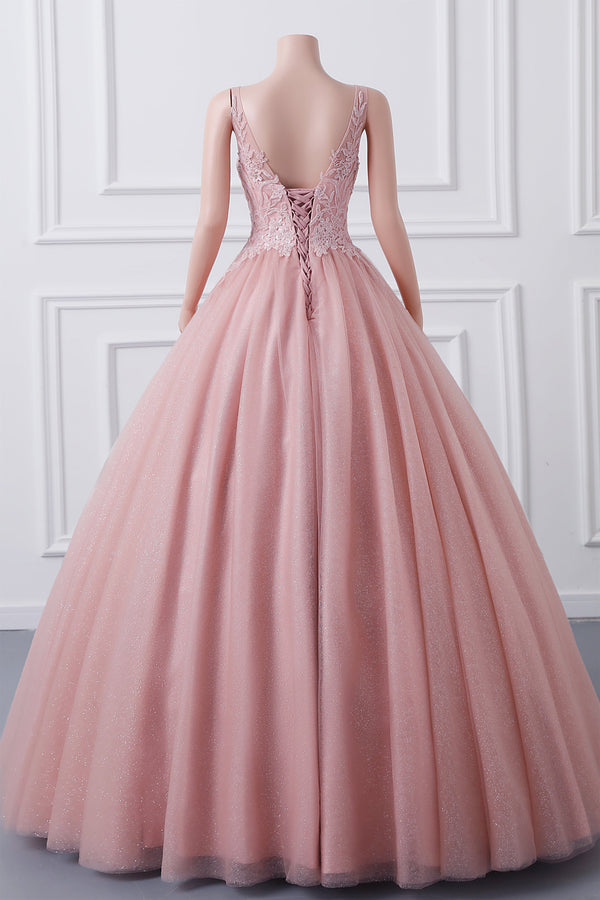 Sleeveless Dusty Pink Luxury Beaded Ball Gown Quince Dresses-Ballbella