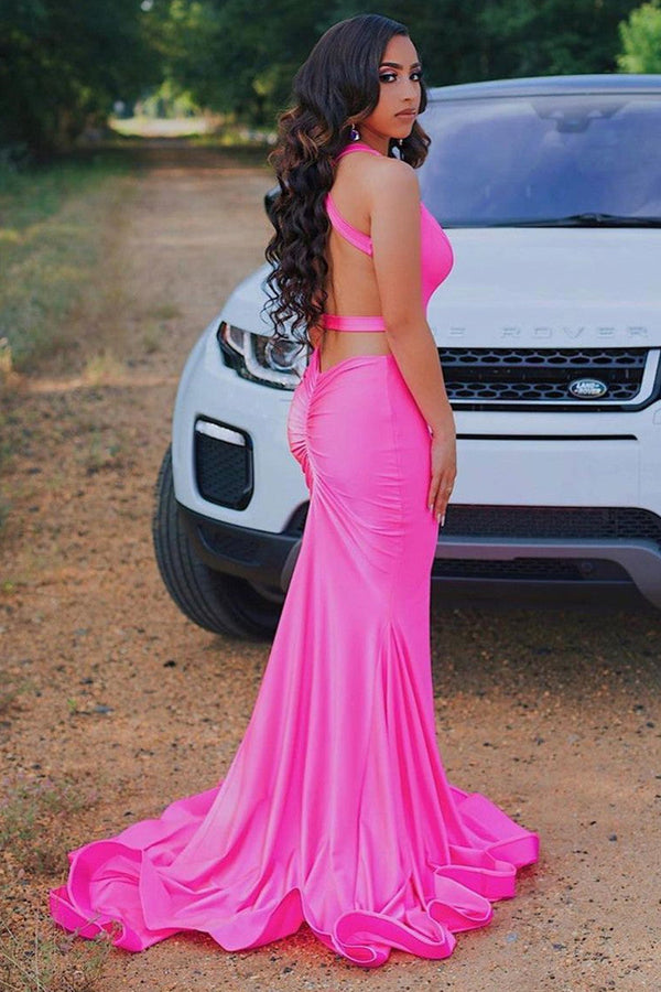 Sleeveless Hot pink Criss-cross back Mermaid Long Train Prom Dresses-Ballbella