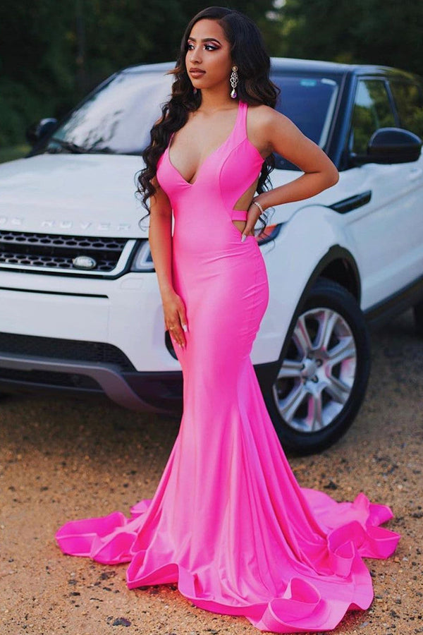 Sleeveless Hot pink Criss-cross back Mermaid Long Train Prom Dresses-Ballbella