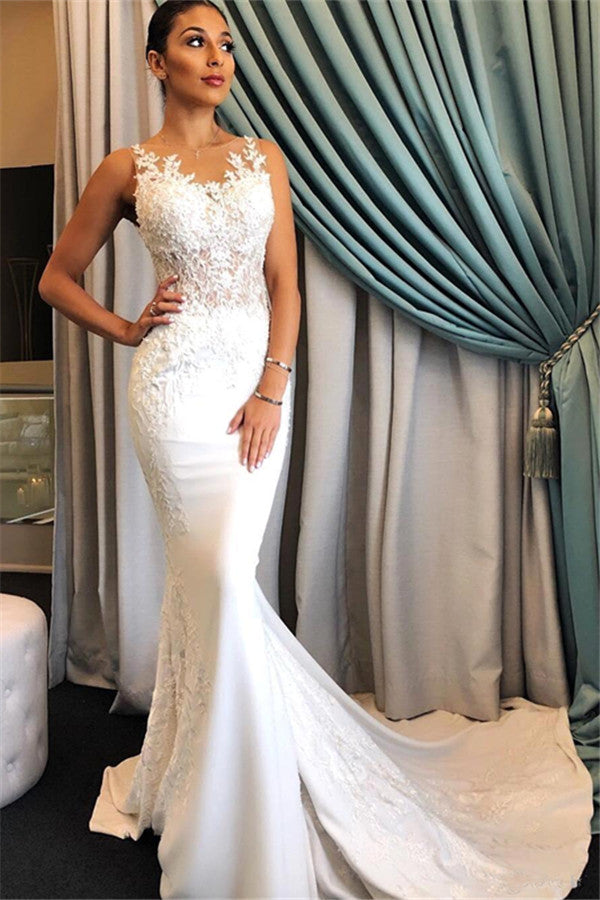 Sleeveless Mermaid Classic Bridal Gowns Appliques Lace Wedding Dresses Online-Ballbella