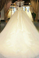 Sleeveless Ribbon Scoop Applique Tulle Ball Gown Cathedral Train Wedding Dresses-Ballbella