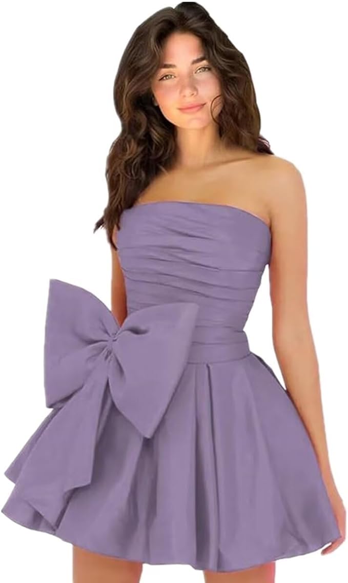 Sleeveless Ruched Short Homecoming Dresses Simple Mini Party Wear Dress with Bow-Ballbella