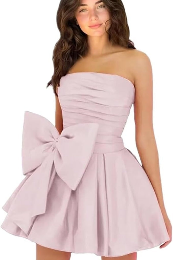 Sleeveless Ruched Short Homecoming Dresses Simple Mini Party Wear Dress with Bow-Ballbella