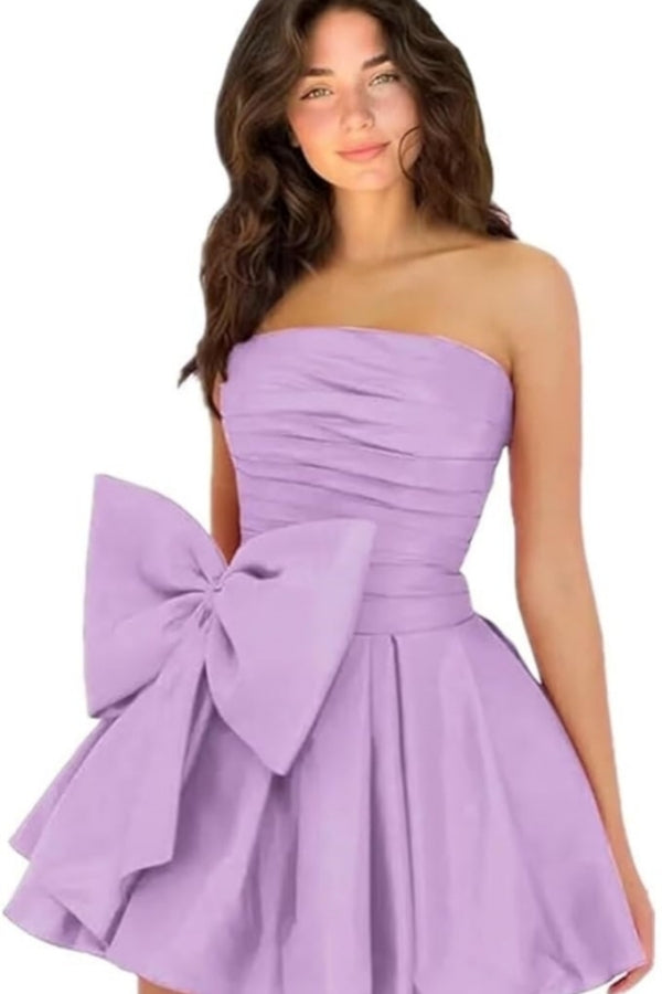 Sleeveless Ruched Short Homecoming Dresses Simple Mini Party Wear Dress with Bow-Ballbella