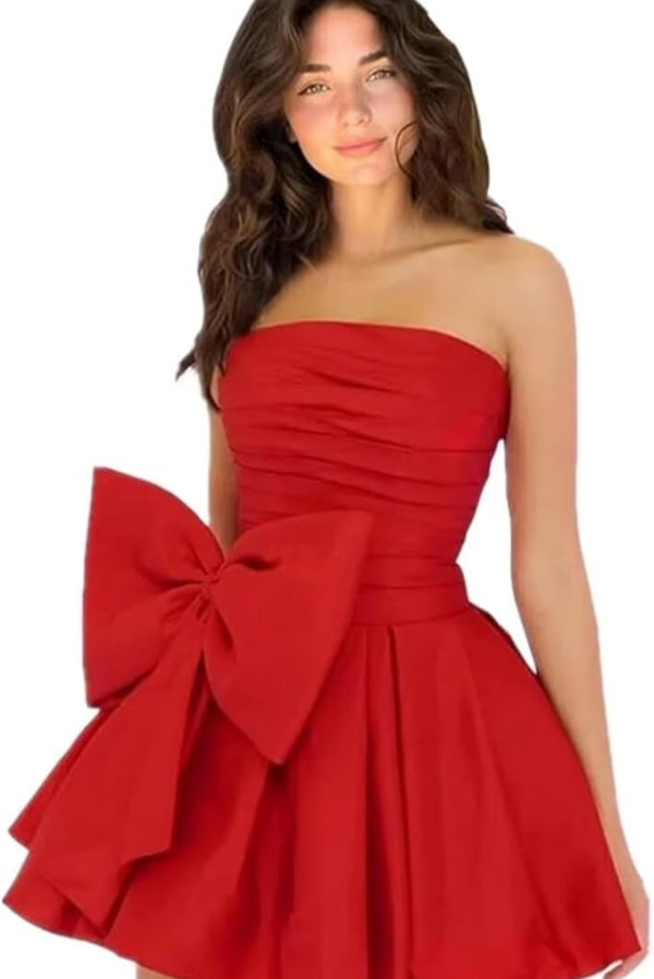 Sleeveless Ruched Short Homecoming Dresses Simple Mini Party Wear Dress with Bow-Ballbella