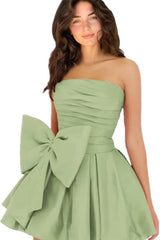 Sleeveless Ruched Short Homecoming Dresses Simple Mini Party Wear Dress with Bow-Ballbella