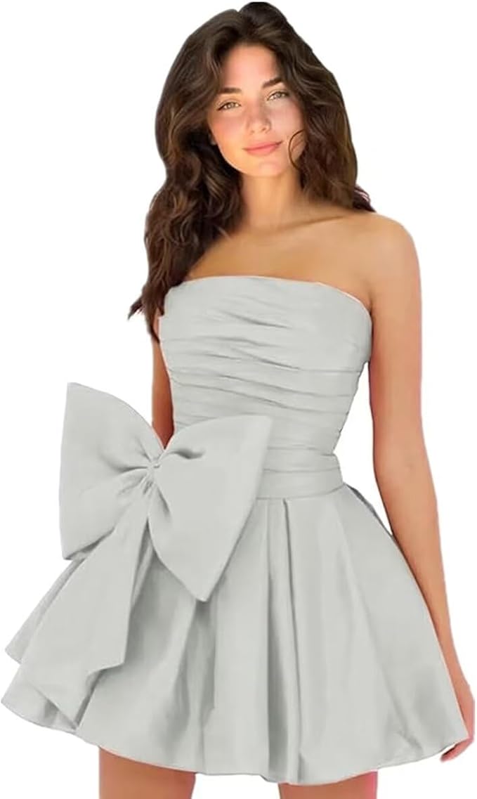 Sleeveless Ruched Short Homecoming Dresses Simple Mini Party Wear Dress with Bow-Ballbella