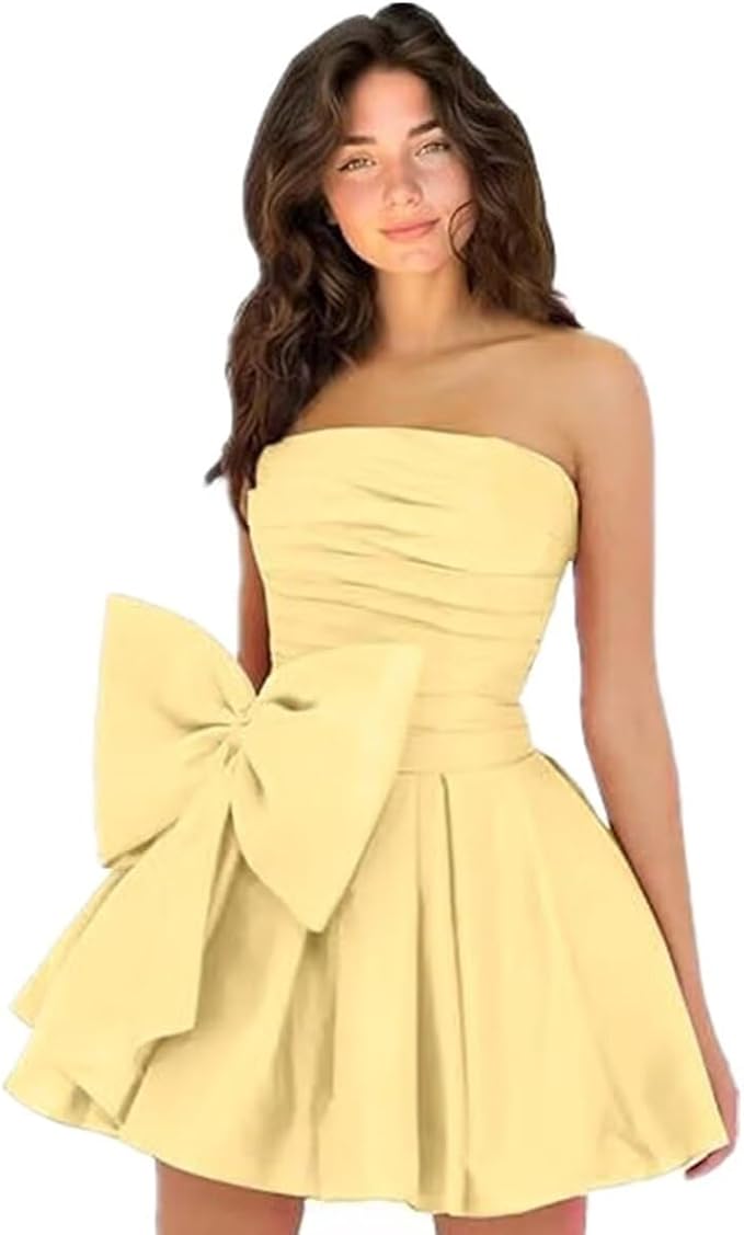 Sleeveless Ruched Short Homecoming Dresses Simple Mini Party Wear Dress with Bow-Ballbella