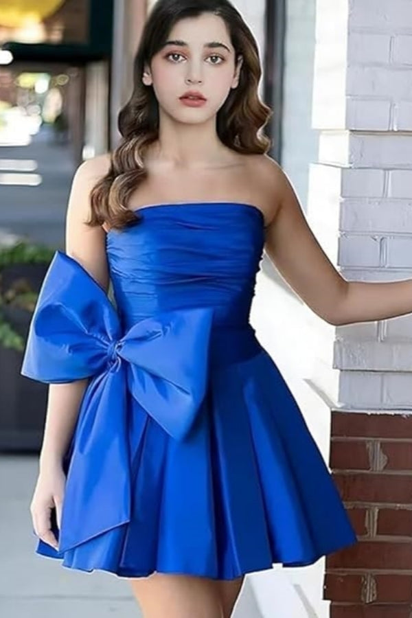 Sleeveless Ruched Short Homecoming Dresses Simple Mini Party Wear Dress with Bow-Ballbella