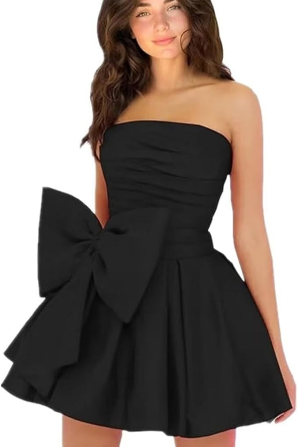 Sleeveless Ruched Short Homecoming Dresses Simple Mini Party Wear Dress with Bow-Ballbella