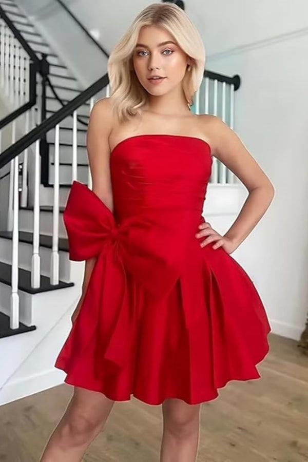 Sleeveless Ruched Short Homecoming Dresses Simple Mini Party Wear Dress with Bow-Ballbella