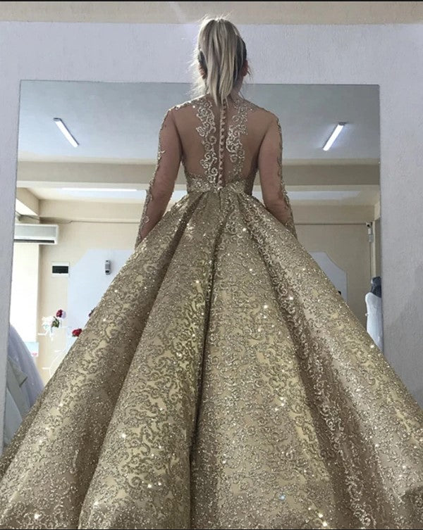 Sleeveless Straps Gold Sequin Ball Gown Long Sparkle Prom Party Gowns-Ballbella