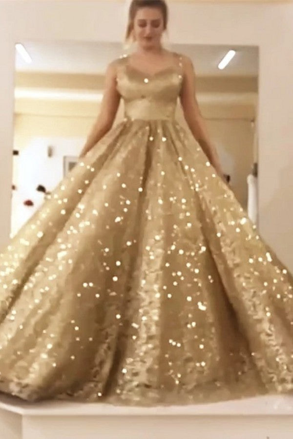 Sleeveless Straps Gold Sequin Ball Gown Long Sparkle Prom Party Gowns-Ballbella