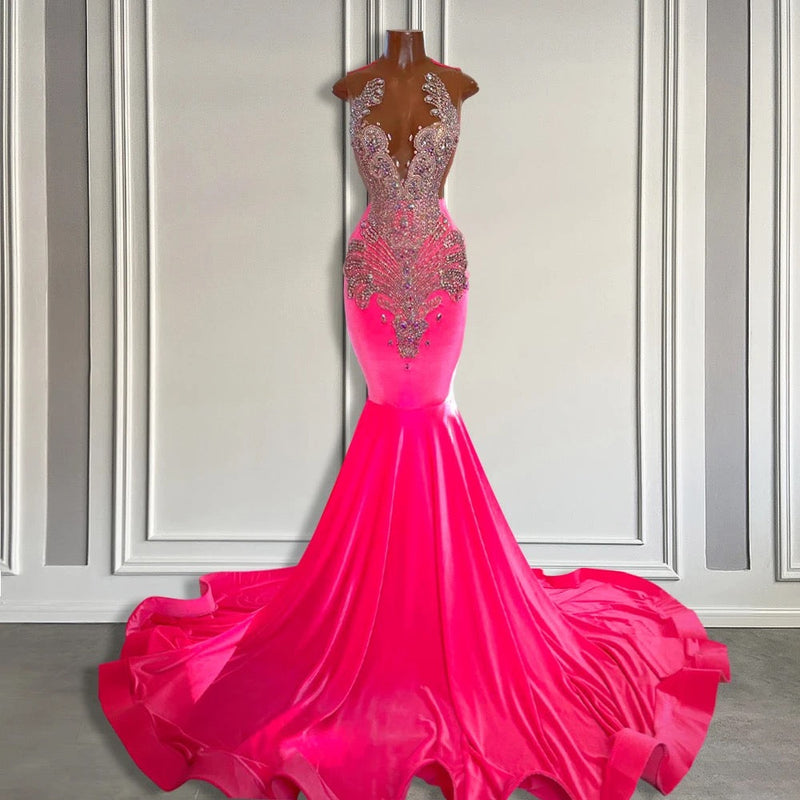 Sleeveless Velvet Mermaid Style Dress with Beadings in Pink Barbie Color-Ballbella