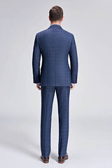 Small Checked Pattern Gentle Mens Suits Peak Lapel Blue Suits for Men-Ballbella