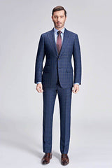 Small Checked Pattern Gentle Mens Suits Peak Lapel Blue Suits for Men-Ballbella