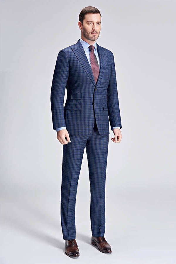 Small Checked Pattern Gentle Mens Suits Peak Lapel Blue Suits for Men-Ballbella