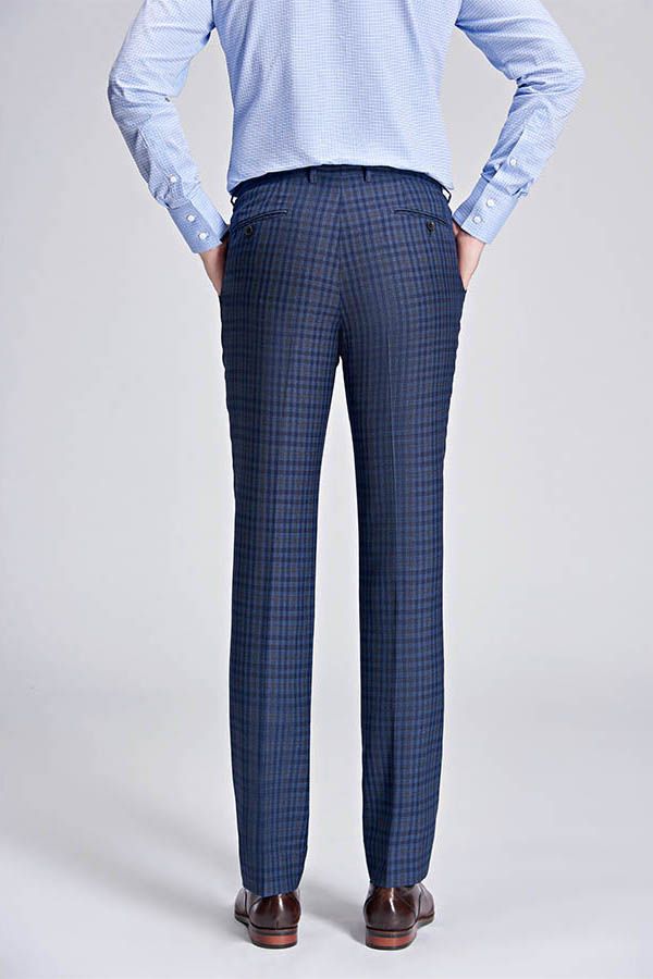 Small Checked Pattern Gentle Mens Suits Peak Lapel Blue Suits for Men-Ballbella