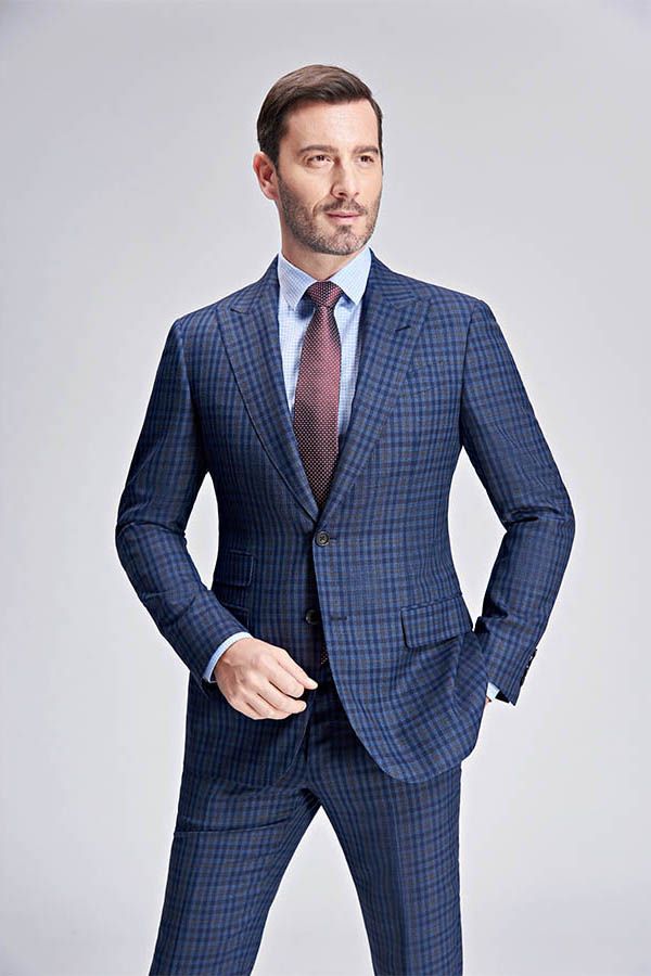 Small Checked Pattern Gentle Mens Suits Peak Lapel Blue Suits for Men-Ballbella