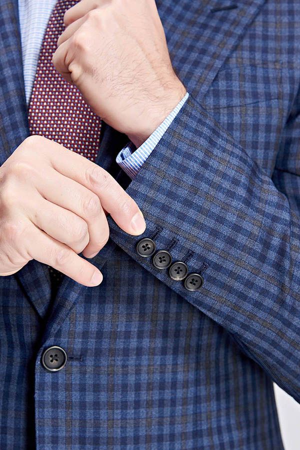 Small Checked Pattern Gentle Mens Suits Peak Lapel Blue Suits for Men-Ballbella