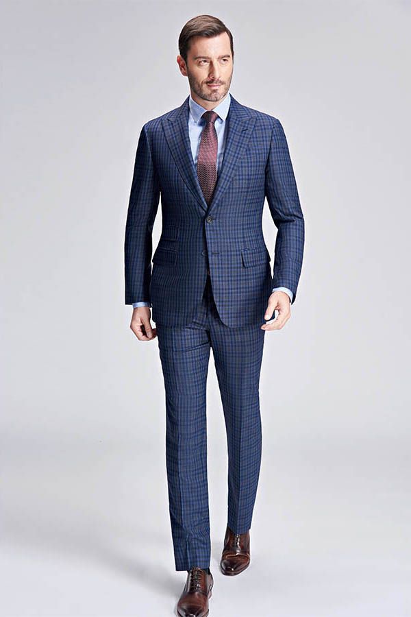Small Checked Pattern Gentle Mens Suits Peak Lapel Blue Suits for Men ...