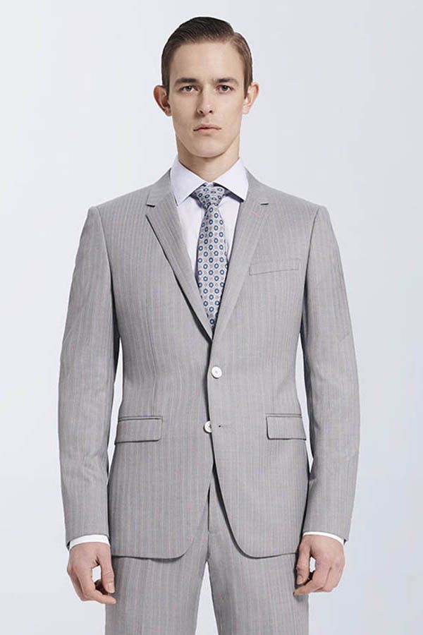 Looking for the Pricey Small Notch Lapel Light-colored Stripes High Quality Light Grey Mens Suits online Find your Notched Lapel Single Breasted Two-piece Grey mens suits for prom, wedding and business at Ballbella.