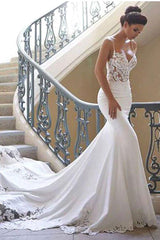 Spaghetti Strap Lace Wedding Dress Online with Chapel Train-Ballbella