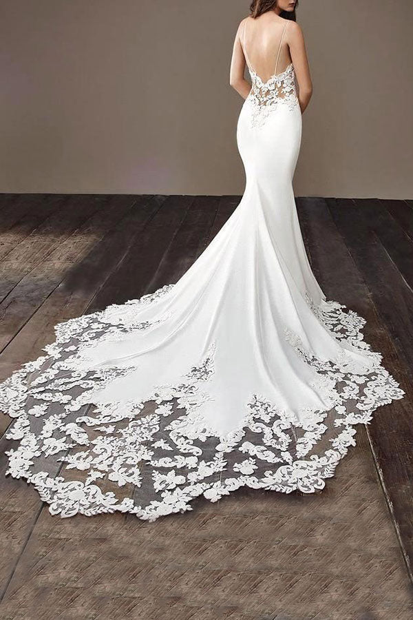 Spaghetti Strap Lace Wedding Dress Online with Chapel Train