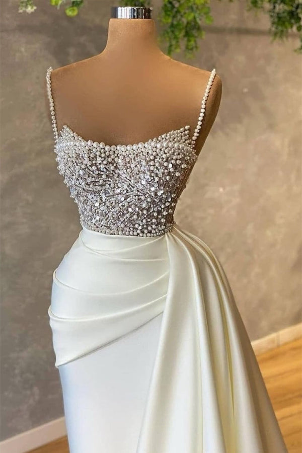 Spaghetti strap Mermaid Sweetheart Sleeveless Sequined Beaded Floor-length Prom Dress-Ballbella