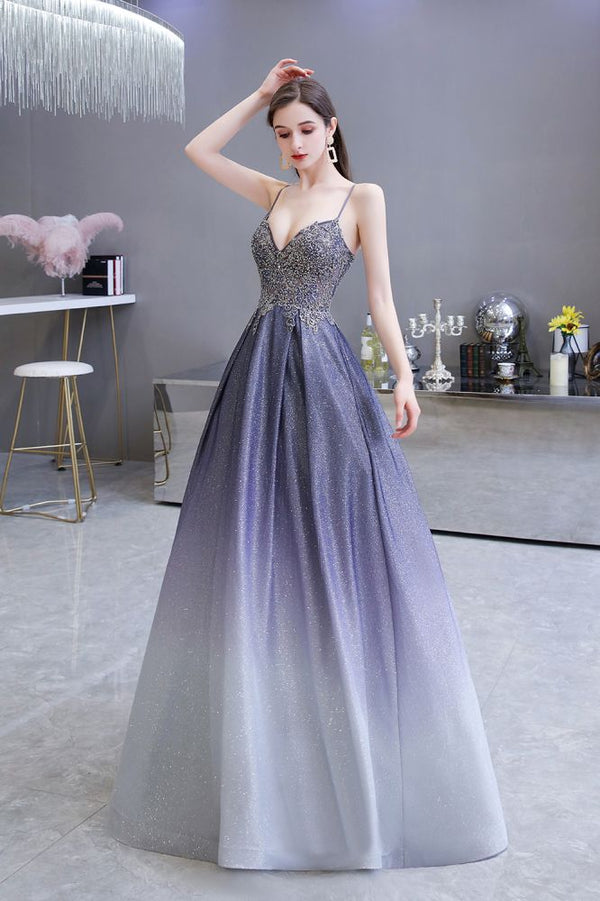 Spaghetti Strap Ombre Pruple Sparkle Prom Dresses-Ballbella