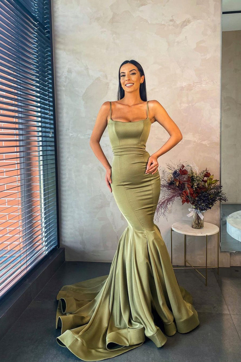 Spaghetti Straps Chiffon Green Mermaid Evening Dress Long-Ballbella