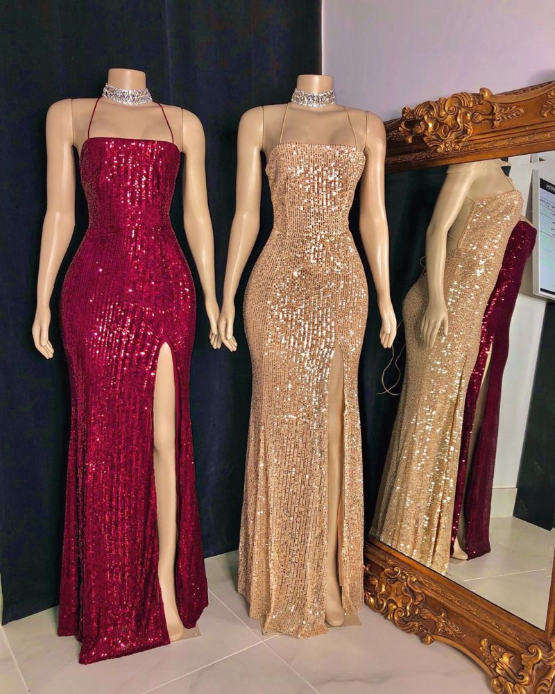 Spaghetti-straps Criss-cross Long Slit Sequins Mermaid Prom Dresses-Ballbella