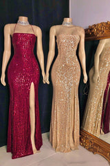 Spaghetti-straps Criss-cross Long Slit Sequins Mermaid Prom Dresses-Ballbella