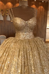 Spaghetti Straps Gold Beaded Lace Evening Dress Luxurious Ball Gown Princess Open Back Prom Party Gowns-Ballbella