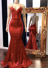 Spaghetti Straps Lace-up Red Sequins V-neck Mermaid Prom Dresses-Ballbella