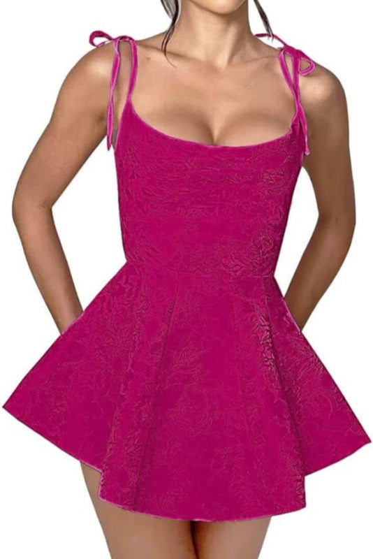 Spaghetti Straps Satin Mini Party Dress Jacquard Sleeveless Homecoming Dress-Ballbella