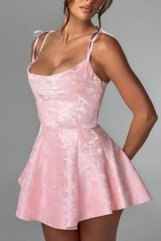 Spaghetti Straps Satin Mini Party Dress Jacquard Sleeveless Homecoming Dress-Ballbella