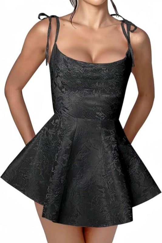 Spaghetti Straps Satin Mini Party Dress Jacquard Sleeveless Homecoming Dress-Ballbella