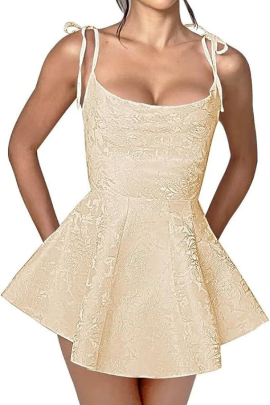 Spaghetti Straps Satin Mini Party Dress Jacquard Sleeveless Homecoming Dress-Ballbella