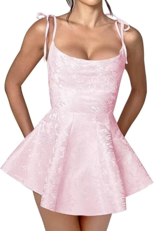 Spaghetti Straps Satin Mini Party Dress Jacquard Sleeveless Homecoming Dress-Ballbella