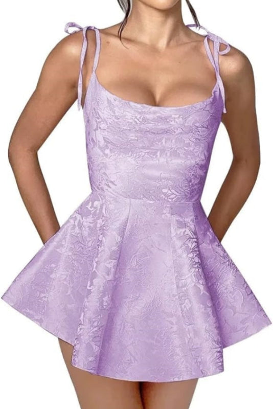 Spaghetti Straps Satin Mini Party Dress Jacquard Sleeveless Homecoming Dress-Ballbella