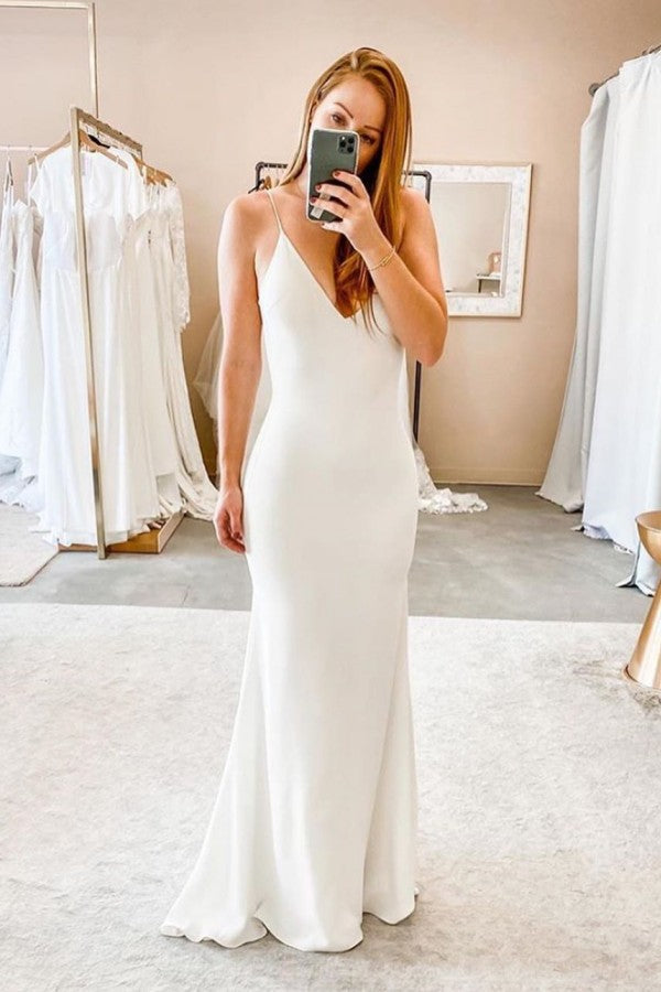 Spaghetti Straps V neck Sheath Wedding Dresses Modern Backless Bridal Gowns-Ballbella