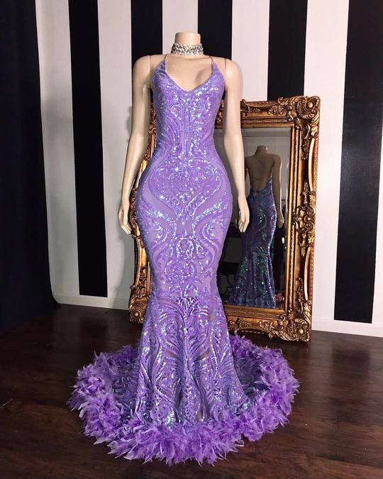 Spaghetti V-neck Sequins Floor Length Fur Train Mermaid Prom Dresses-Ballbella