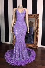 Spaghetti V-neck Sequins Floor Length Fur Train Mermaid Prom Dresses-Ballbella