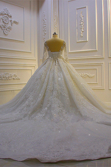 Sparkle 3D Lace Appliques Long Sleevess Church Train Wedding Dress-Ballbella