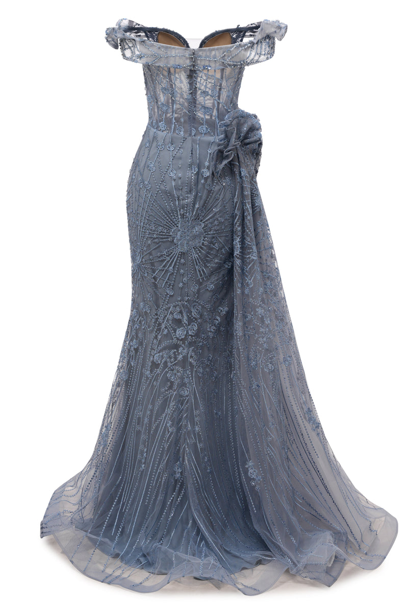 Sparkle Beaded Gray Off the shoulder Flowers Evening Dresses-Ballbella