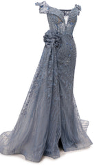 Sparkle Beaded Gray Off the shoulder Flowers Evening Dresses-Ballbella