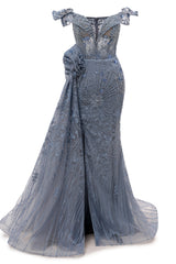 Sparkle Beaded Gray Off the shoulder Flowers Evening Dresses-Ballbella