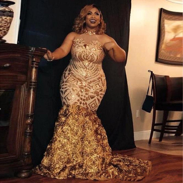 Sparkle Golden Sequined High neck Plus size Mermaid Prom Party Gowns with Flower Train-Ballbella