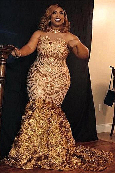 Sparkle Golden Sequined High neck Plus size Mermaid Prom Party Gowns with Flower Train-Ballbella